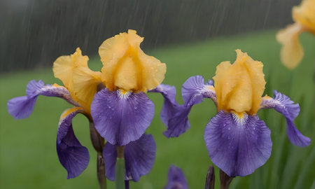 Iris flowers in the rain. Beautiful irises in the rain.の写真素材