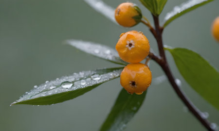 Branch of sea buckthorn berries with raindrops on green background