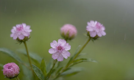 pink wildflowers in the rain on a blurred green background