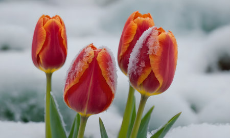 Tulips in the snow. Beautiful spring flowers in the snow.の写真素材