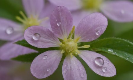 Water droplets on a purple flower with green leaves in the background