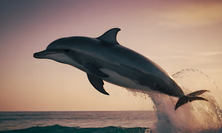 Dolphins jumping out of the water at sunset. Toned.の写真素材