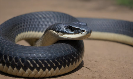 Close up of the head of a black-and-white snake