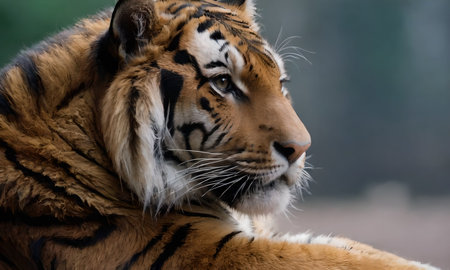 Close-up of a tiger looking at the camera with a blurred background