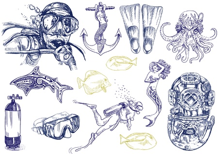 diving - the life of aquatic  hand drawing collection  のイラスト素材