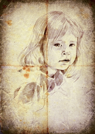 little girl - hand drawing, vintage and retro styleの写真素材