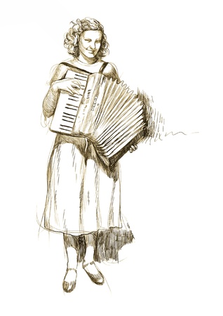 young woman with the accordion - vintage theme - drawing into vectorのイラスト素材