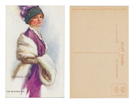 LONDON, ENGLAND, CIRCA 1910 - The Carlton Publishing Co. London - EC Series No. 739/12 - C. W. Barber - The December Girlのeditorial素材