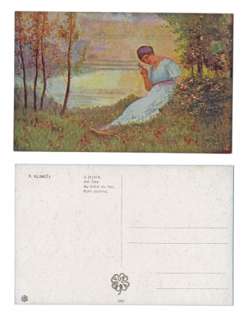 PRAGUE, CZECH REPUBLIC, 1918 - F  Klimes - Published by V  K  K  V  - Serial No  1240 - Sitting by the lake - Circa 1918のeditorial素材