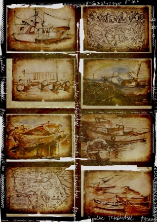 boats and ships, eight pictures, drawing - vintage processing
