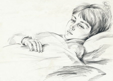 young girl study, hand drawing pictureの写真素材