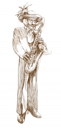 musician jazzman, sax player, full sized hand drawingの写真素材
