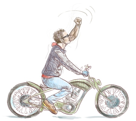 young dude on a motorcycle - hand drawingの写真素材