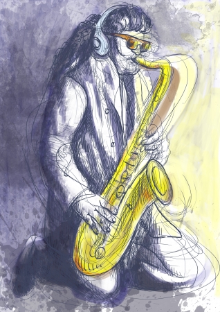 Saxophonist, whole body and soul      A hand drawn illustration of an excellent sax player  の写真素材