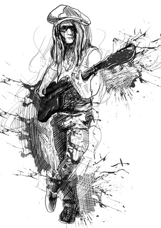 Promising guitarist - young rocker      A hand drawn illustration of an excellent guitar player  の写真素材