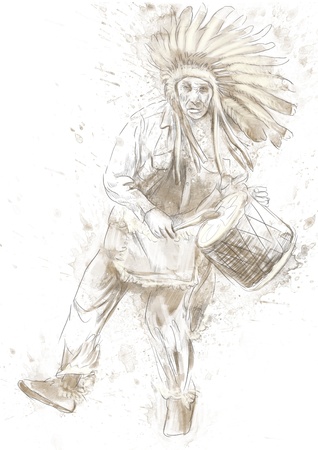 Indian Chief plays the drum and dance の写真素材