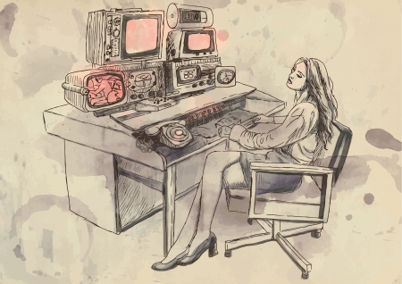 From history to the present - the art of film  Working in film editing room のイラスト素材