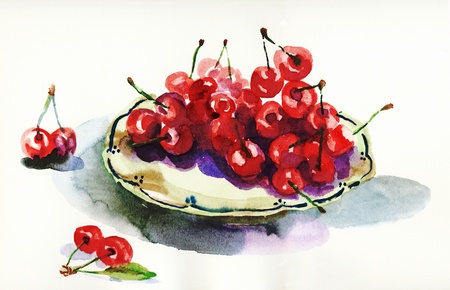 Cherries  An hand drawn illustration - watercolors techniqueの写真素材