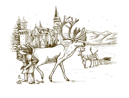 Santa Claus prepares a reindeer before Christmas driving  replaced horseshoe  の写真素材