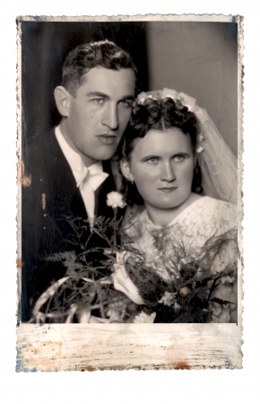 Newlyweds, bride and groom - circa 1940 の写真素材
