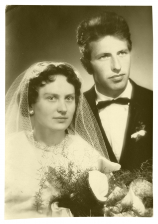 wedding day, bride and groom - circa 1955 の写真素材
