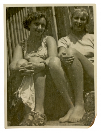Two girls on summer break  in summer dress  - circa 1945の写真素材