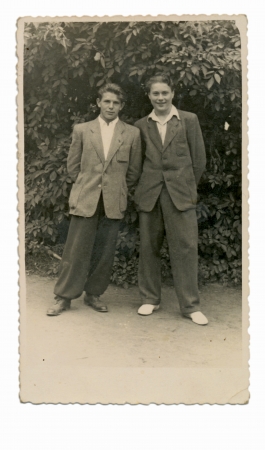 two young men in the park - circa 1948の写真素材