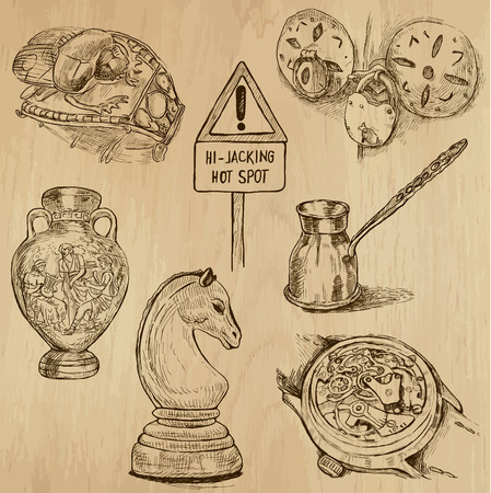 Objects (vector pack no.1). Collection of an hand drawn illustrations (originals). Each drawing comprises of two layers of outlines, the colored background is isolated.のイラスト素材