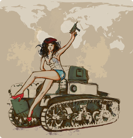 Viva Revolution ! (Young beautiful revolutionaries sitting on a tank.) An hand drawn illustration - vector is editable in four layers.のイラスト素材