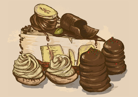 Illustration in vintage style of a Candy and Sweets topic. Description: Editable in four layers, two...