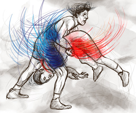 An hand drawn, full sized, illustration (original) from series Martial Arts: GRECO-ROMAN WRESTLING (is a style of wrestling that is practiced worldwide).の写真素材