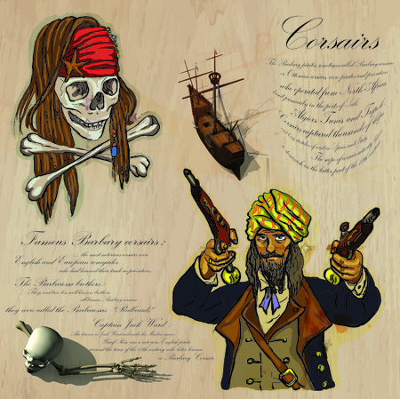 An hand drawn vector pack. Topic: PIRATES - Corsairs. Description: Vector is editable in several layers and group of objects.のイラスト素材