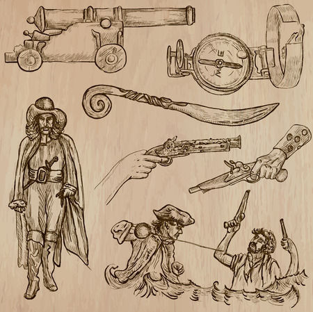 Pirates, Buccaneers and Sailors - Collection (no.11) of an hand drawn illustrations. Description: Each drawing comprise of three layer of outlines, the colored background is isolated.のイラスト素材