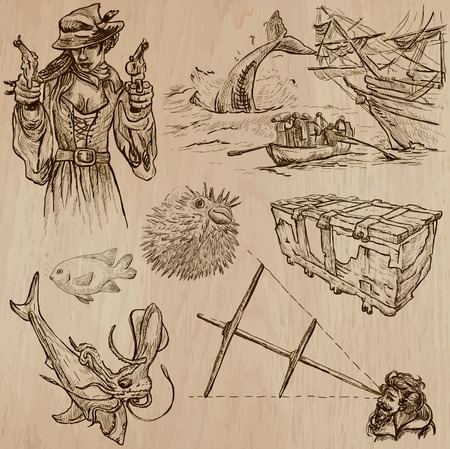 Pirates, Buccaneers and Sailors - Collection (no.12) of an hand drawn illustrations. Description: Each drawing comprise of three layer of outlines, the colored background is isolated.のイラスト素材