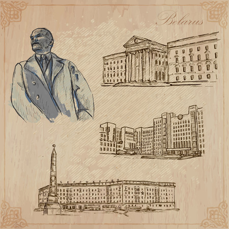 Traveling series: BELARUS (set no.1)  - Collection of an hand drawn vector illustrations. Each drawing comprise three layers of lines, the colored background is isolated. Editable in layers and groups.のイラスト素材