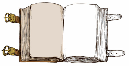 An hand drawn illustration - Open empty old book (child's coloring book with empty white right page).のイラスト素材