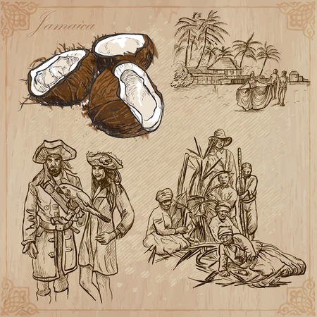 Travel: JAMAICA (set no.10) - Collection of an hand drawn vector illustrations. Each drawing comprise three layers of lines, the colored background is isolated. Easy editable in layers and groups.のイラスト素材