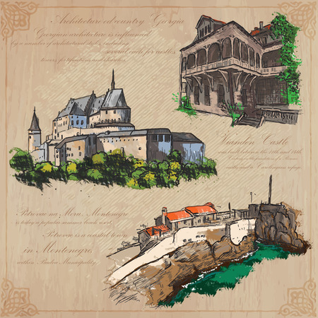 Places and ARCHITECTURE (set no.37) - Collection of an hand drawn vector colored illustrations. Each drawing comprise three layers of lines, background is isolated. Easy editable in layers and groups.のイラスト素材