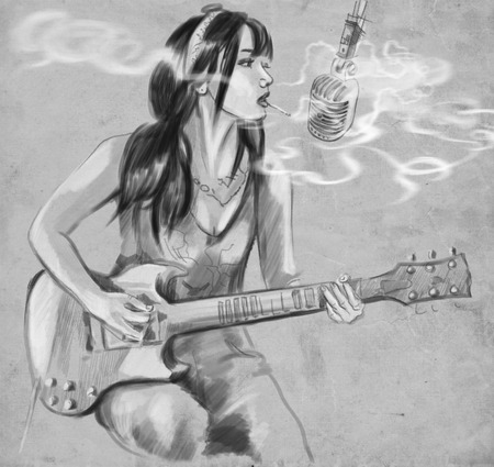 Illustration of a series Smoking: Young woman smoking cigarette and playing guitar. An hand drawn and painted full sized illustration (Original). Version: Hand drawing on grey background.の写真素材