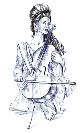 Theme: Music and Musicians. Violoncello player - An pretty woman tenderly plays the cello. An hand drawn illustration, full sized - original. Version: Freehand sketch on white background.の写真素材
