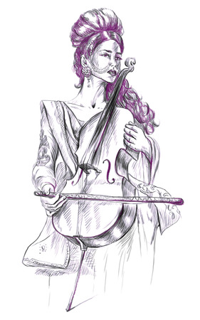 Theme: Music and Musicians. Violoncello player - An pretty woman tenderly plays the cello. An hand drawn illustration, full sized - original. Version: Freehand sketch on white background.の写真素材