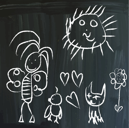 From series: children's messages on a blackboard. Joy in the Meadow - Butterfly, Little bird, Cat and Sun. Hand drawn white vector illustrations on blackboard. Editable.のイラスト素材