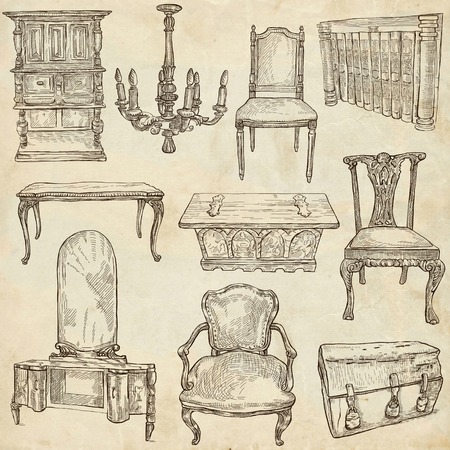 FURNITURE - Collection (no.2) of an hand drawn illustrations. Description - Full sized hand drawn illustrations, freehand sketches, drawing on old paper.の写真素材