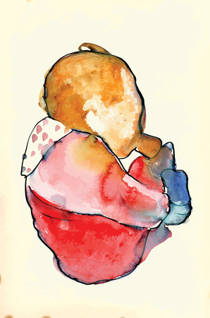 An hand painted illustration, water colors technique converted into vector. Concept - Child from behind with a baby bottle.のイラスト素材