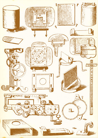 An hand drawn illustrations - pack of Medieval Technology and Industry. Machinery components and parts.のイラスト素材