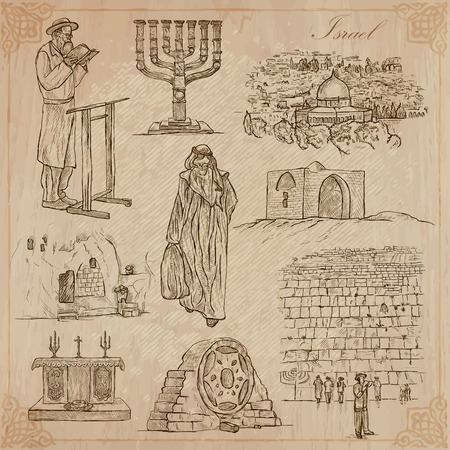 An hand drawn collection, Travel - ISRAEL. Description, Vector freehand sketches. Editable in layers and groups. Background is isolated. Things, buildings, etc. are named inside the file.のイラスト素材