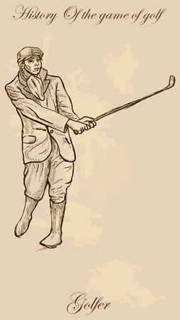 Vintage Golfer, an Man. Freehand drawing, vector. Vector is easy editable in layers. Colored background is isolated.のイラスト素材