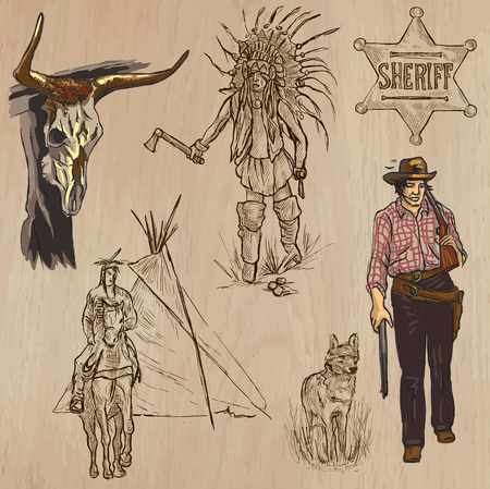 WILD WEST. Collection of an hand drawn vector illustrations. Freehand sketching. Each drawing comprise a few layers of lines. Colored background is isolated. Editable in layers and groups.のイラスト素材