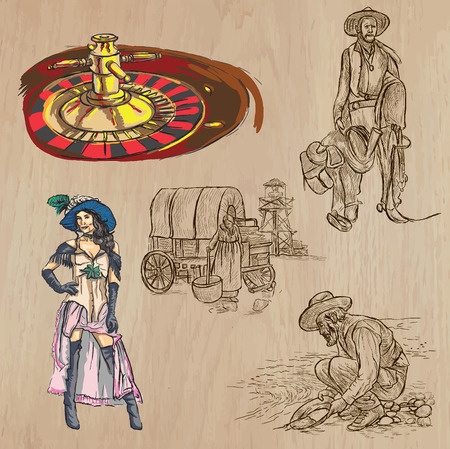 WILD WEST. Collection of an hand drawn vector illustrations. Freehand sketching. Each drawing comprise a few layers of lines. Colored background is isolated. Editable in layers and groups.のイラスト素材