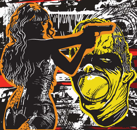 Shooter, Girl with the Gun, Beauty and the Beast. Freehand drawing. An hand drawn vector illustration in the Art and Comic style.のイラスト素材